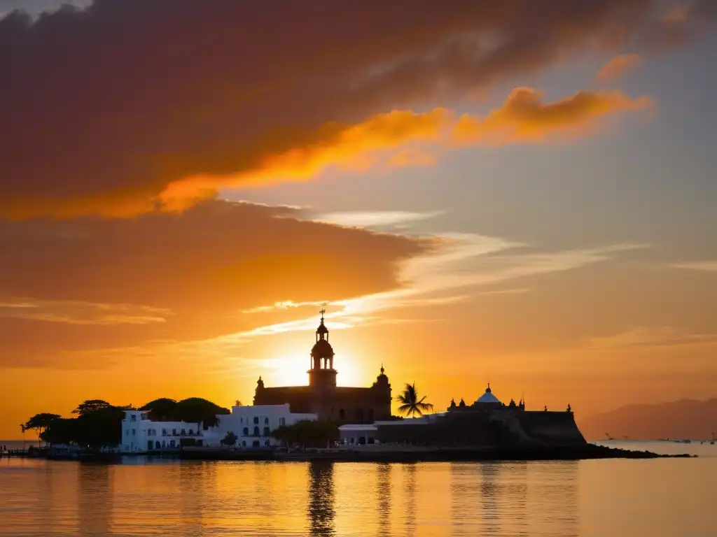 Una serena puesta de sol sobre Cartagena, con la icónica torre del reloj y la arquitectura colonial destacándose en el cielo colorido