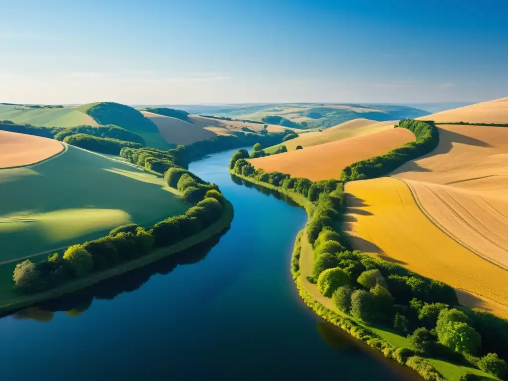 Aquitania Eva García Sáenz: Paisaje sereno de la región, colinas, río tranquilo y cielo azul