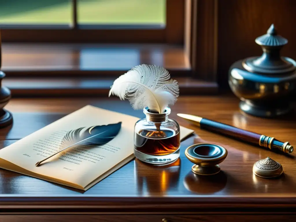 Un set de pluma y tintero en un escritorio antiguo, iluminado por luz natural, evocando la poesía renacentista y sus técnicas literarias