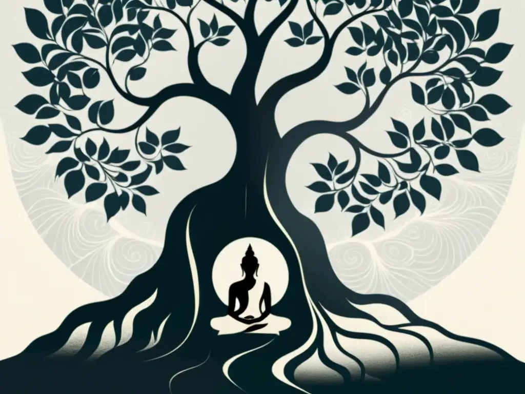 Siddhartha medita bajo el árbol Bodhi en una ilustración detallada en blanco y negro, emanando misticismo y religión en Siddhartha