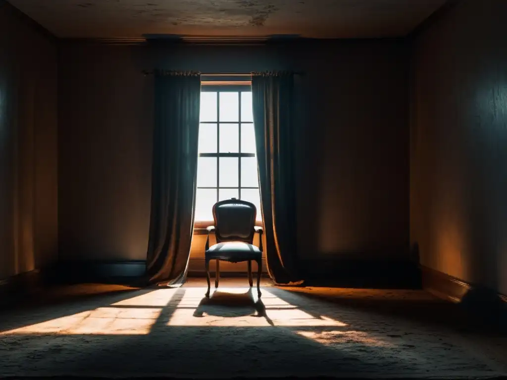 Una silla solitaria en una habitación sombría, rodeada de sombras inquietantes