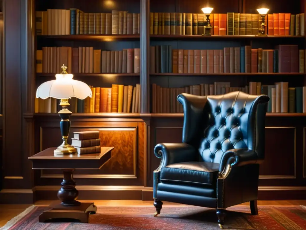 Un sillón de cuero negro en una elegante biblioteca iluminada por una lámpara vintage