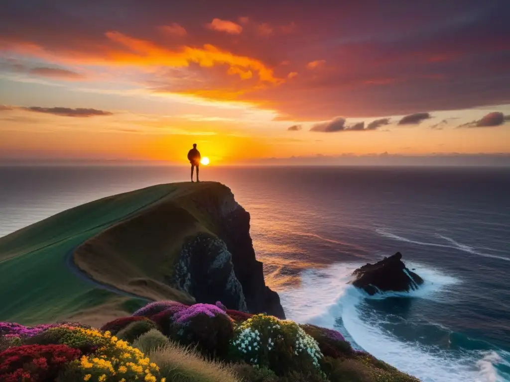 Silueta en acantilado contempla el atardecer sobre el mar, evocando el significado epílogo en literatura