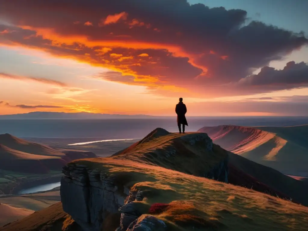 Silueta en el acantilado contemplando el atardecer vibrante, crea momentos cumbre impactantes