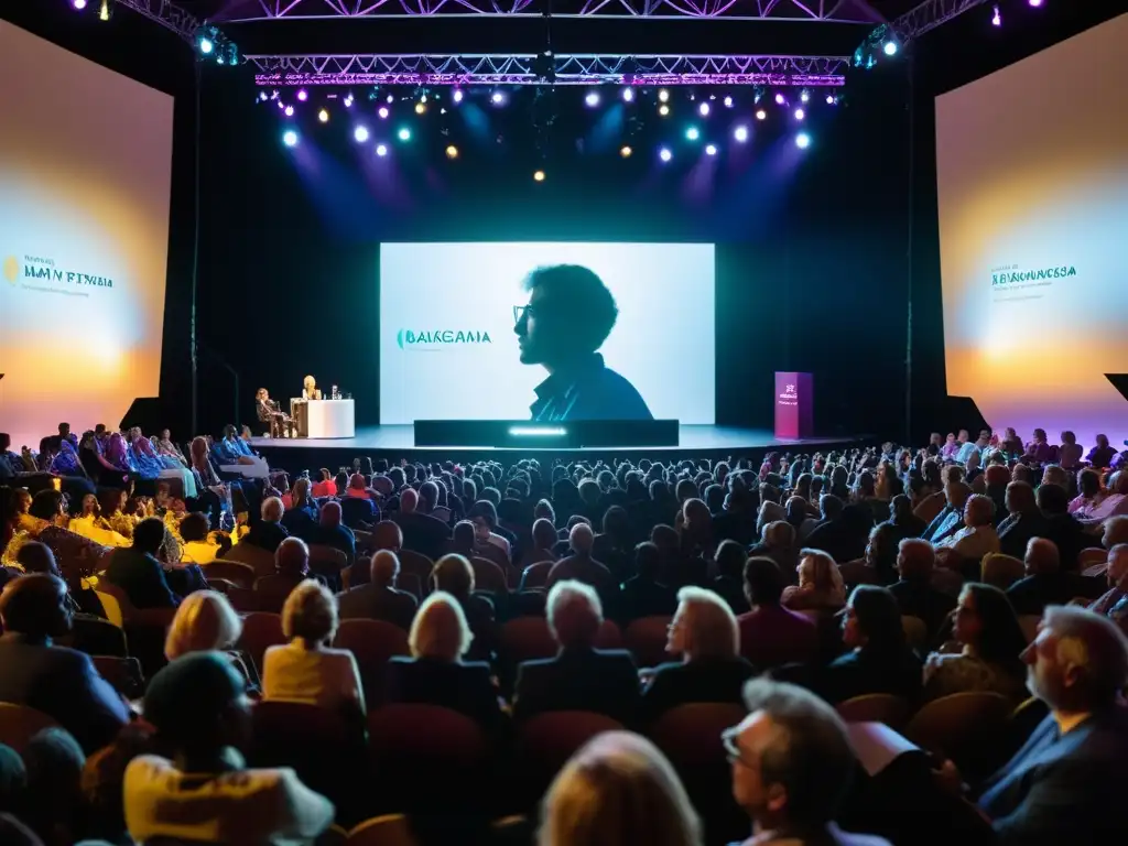 Silueta de autor hablando apasionadamente en un auditorio lleno en el Festival de Hay Cartagena, iluminado por luces de escenario