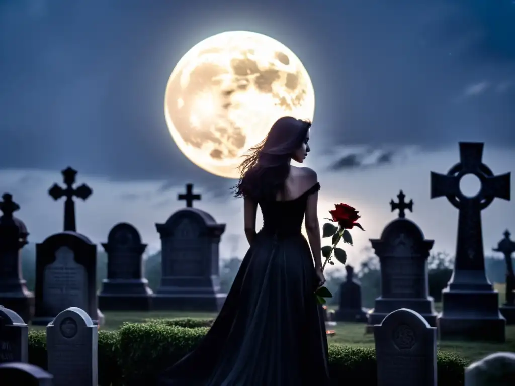 Silueta en un cementerio iluminado por la luna