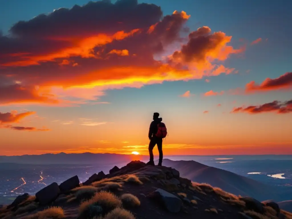 Silueta en la cima de la montaña, bajo un atardecer vibrante