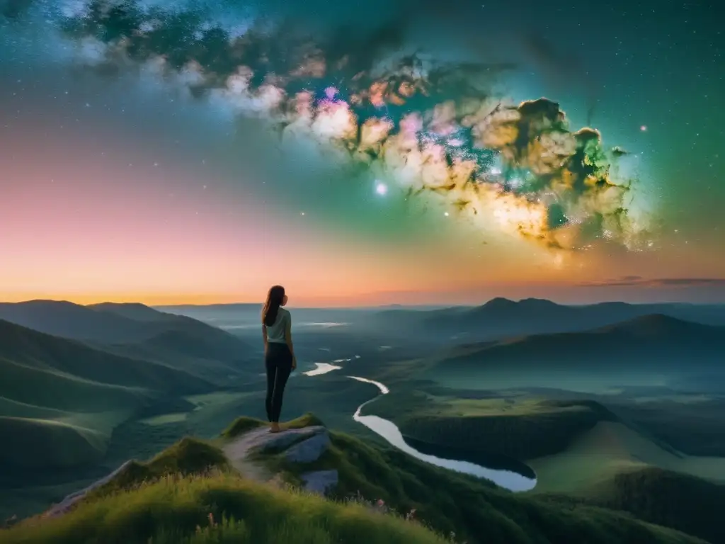 Silueta femenina contempla paisaje mítico al atardecer