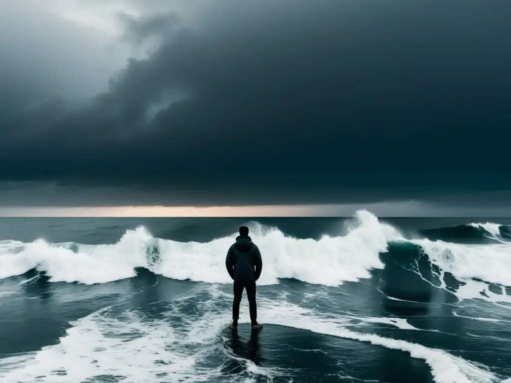 Silueta firme frente al mar turbulento, reflejando la determinación y la incertidumbre