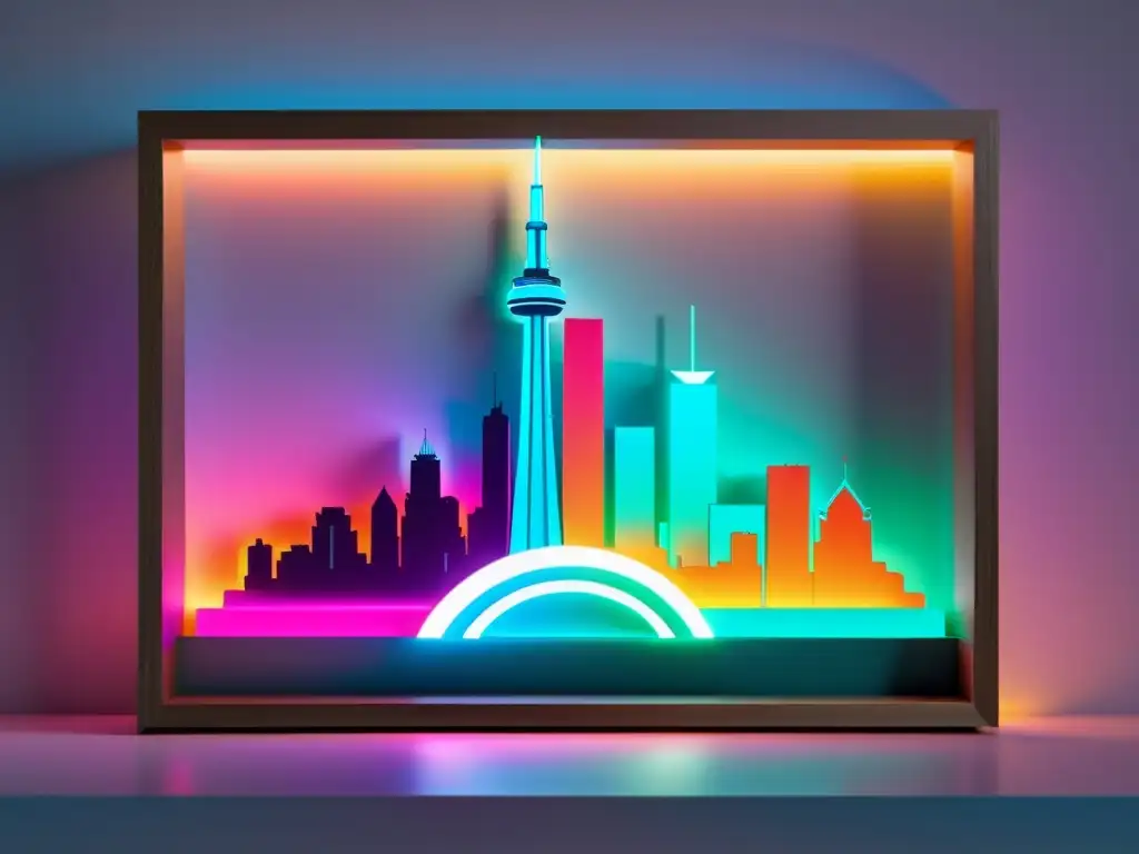 Silueta futurista del skyline de Toronto al atardecer, con proyecciones neón de símbolos literarios