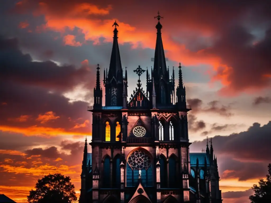 Silueta gótica de una catedral contra un atardecer ardiente, evocando el Romanticismo literatura gótica cultura contemporánea