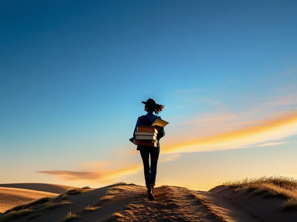 Silueta caminando con libros en paisaje abierto al atardecer, evocando literatura migratoria sin fronteras