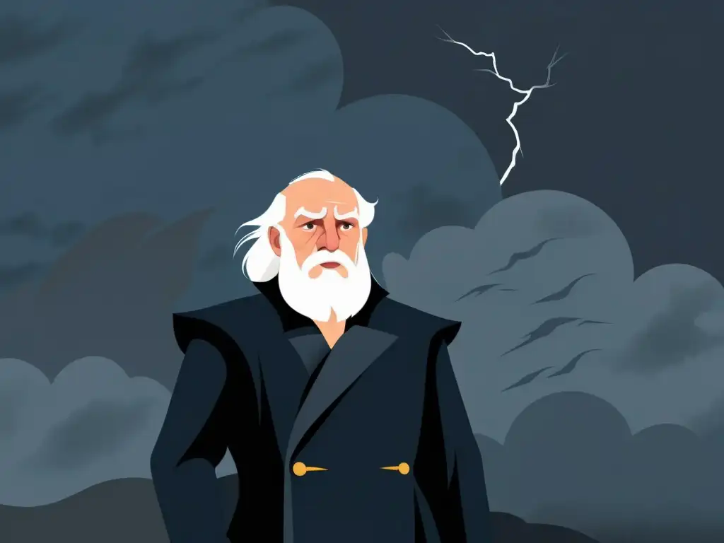 Silueta de Rey Lear en tormenta, con corona cayendo