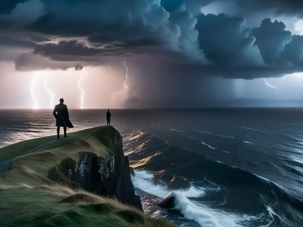 Silueta solitaria en acantilado, mirando el mar agitado