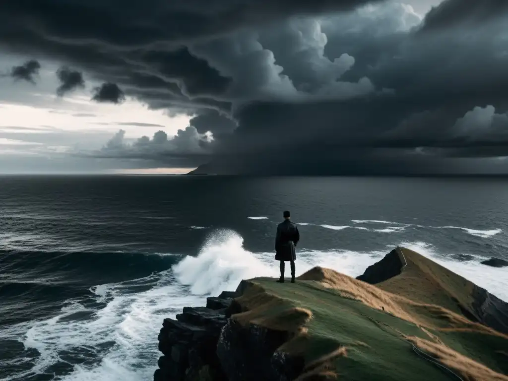 Silueta solitaria al borde del acantilado, mirando un mar turbulento bajo nubes amenazantes