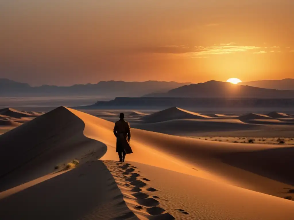 Silueta solitaria en el desierto al atardecer, reflejando la importancia del clímax narrativo en la trama