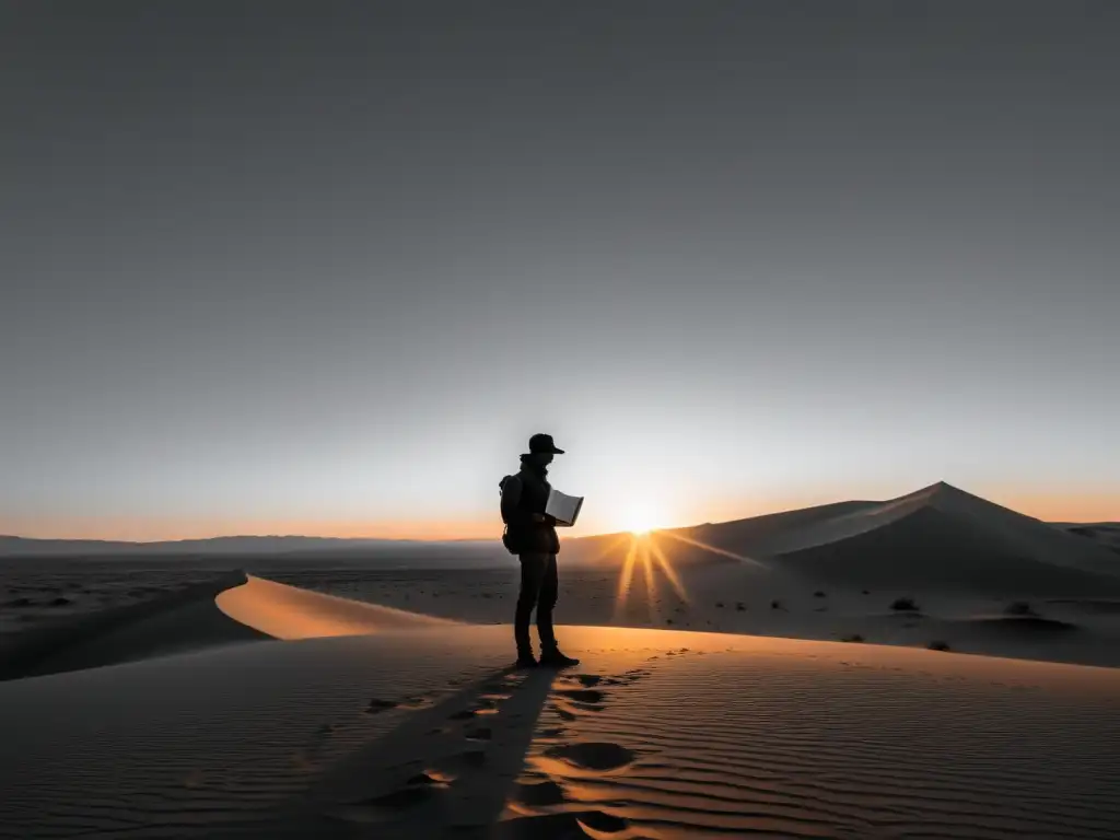 Silueta solitaria en el desierto al atardecer sosteniendo poesía contemporánea, reflejando cambio y contemplación