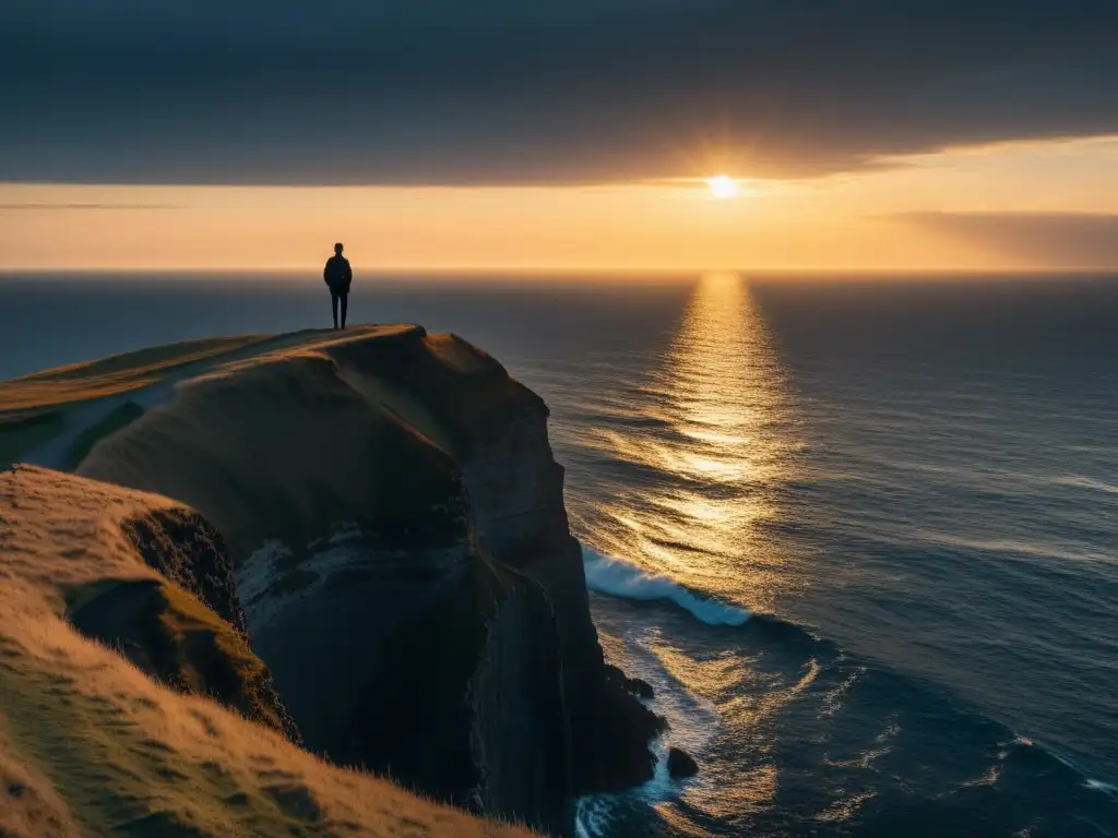 Silueta solitaria contempla el horizonte en el borde de un acantilado, en una atmósfera de introspección y serenidad