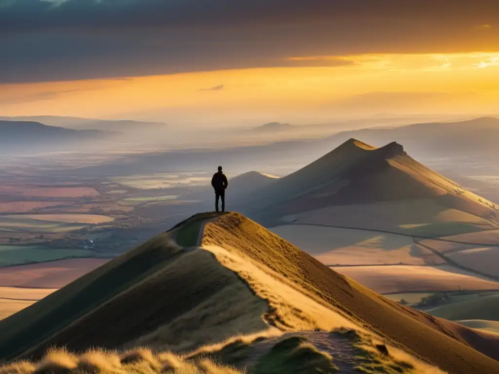 Silueta solitaria contemplando el paisaje dorado al atardecer