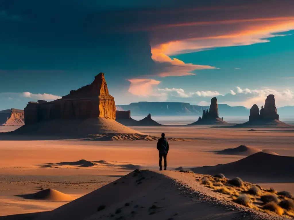 Silueta solitaria contempla paisaje surrealista, fusionando naturaleza y arquitectura futurista en tonos azules y morados