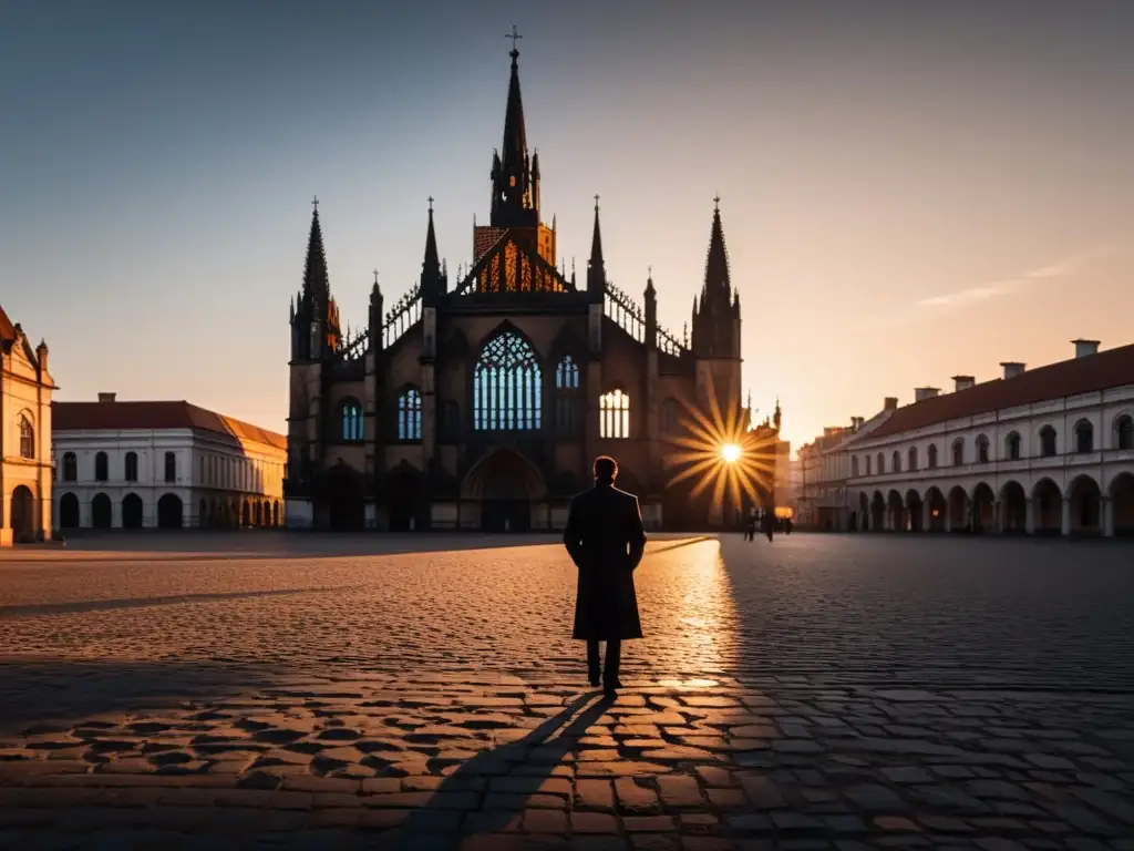 Silueta solitaria en plaza desolada, con sombras al atardecer y arquitectura gótica