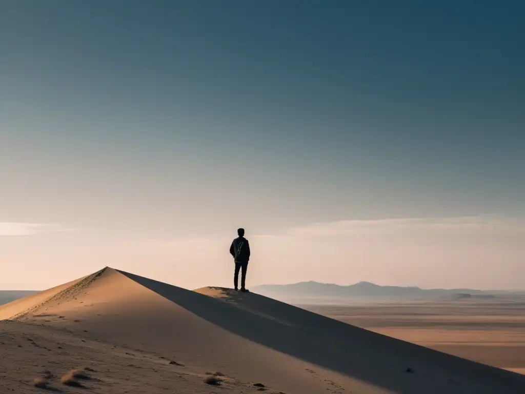 Silueta solitaria en vasto paisaje, evocando el minimalismo en la narrativa actual