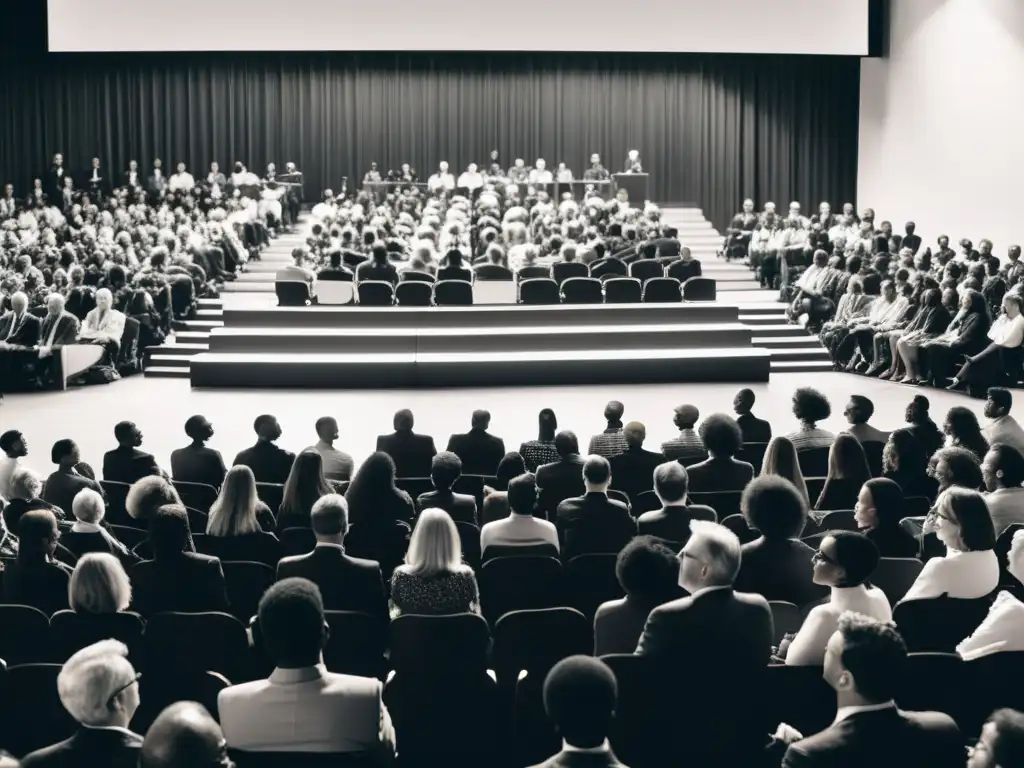 Siluetas de público diverso escuchando atentamente a oradores en un auditorio lleno