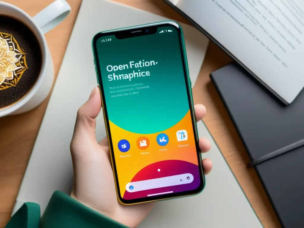 Un smartphone muestra la app de fanfictions con una interfaz atractiva y opciones de lectura personalizables