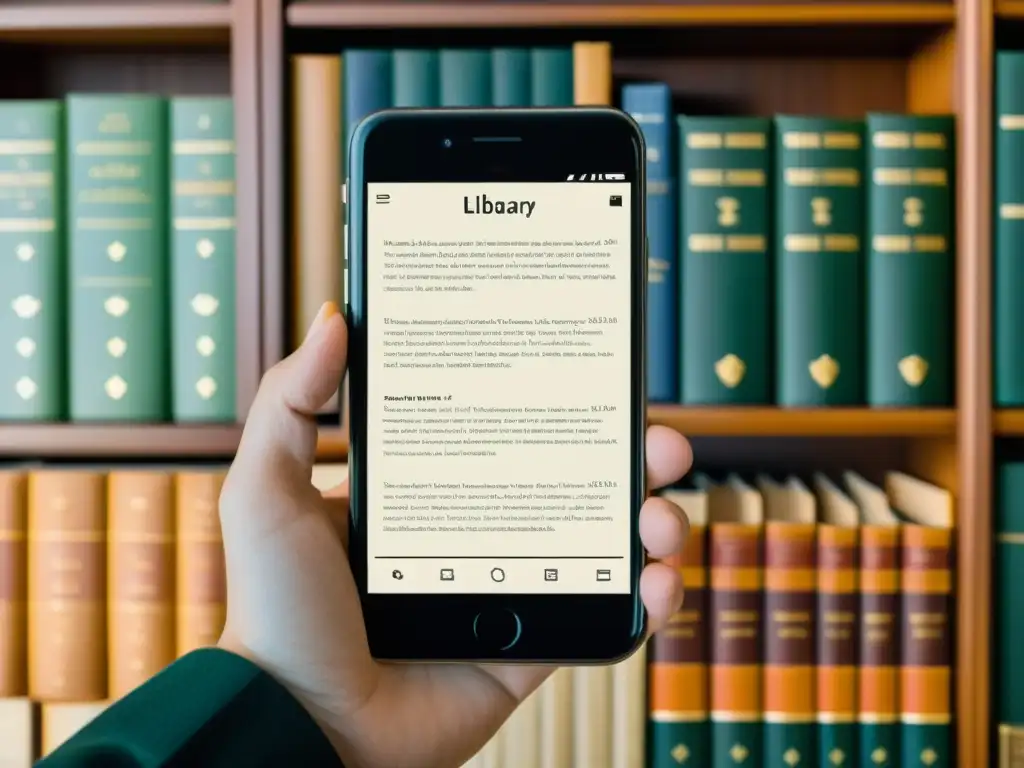 Smartphone elegante muestra app para comprar libros raros, con fondo de libros vintage