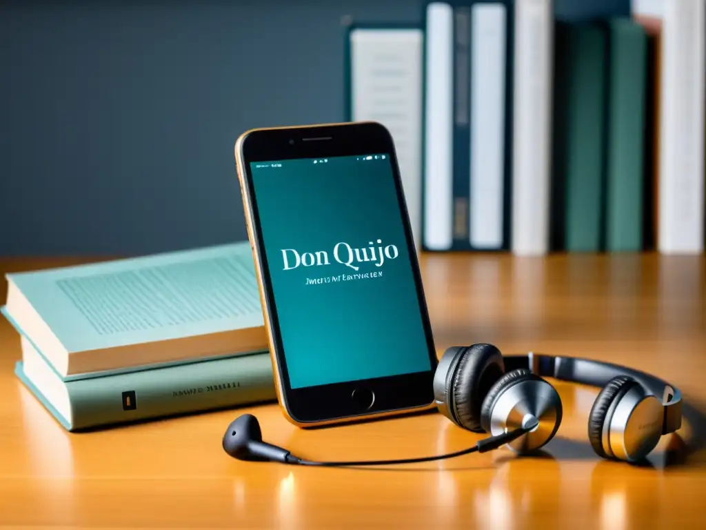 Un smartphone elegante muestra audiolibros clásicos mientras los auriculares están conectados