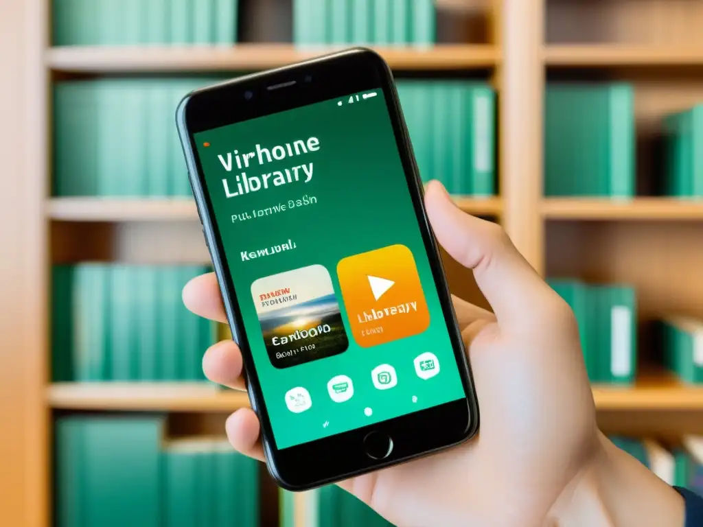 Un smartphone muestra la interfaz de una app de biblioteca virtual con diseño moderno y vibrantes imágenes de libros