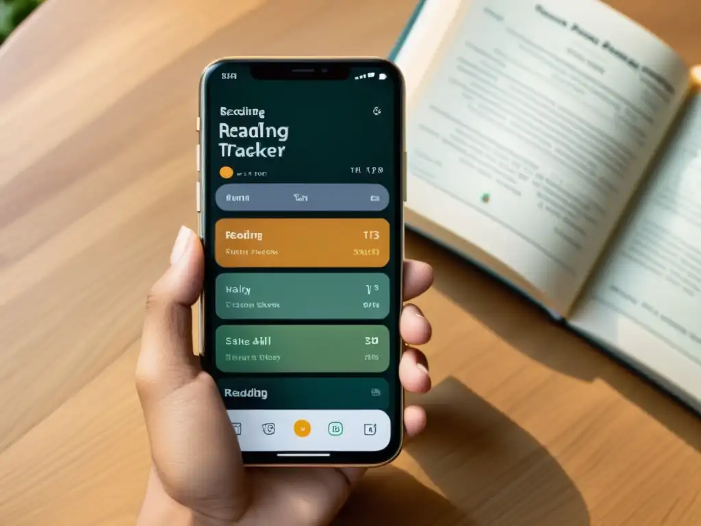 Un smartphone moderno muestra una app de seguimiento de lectura minimalista