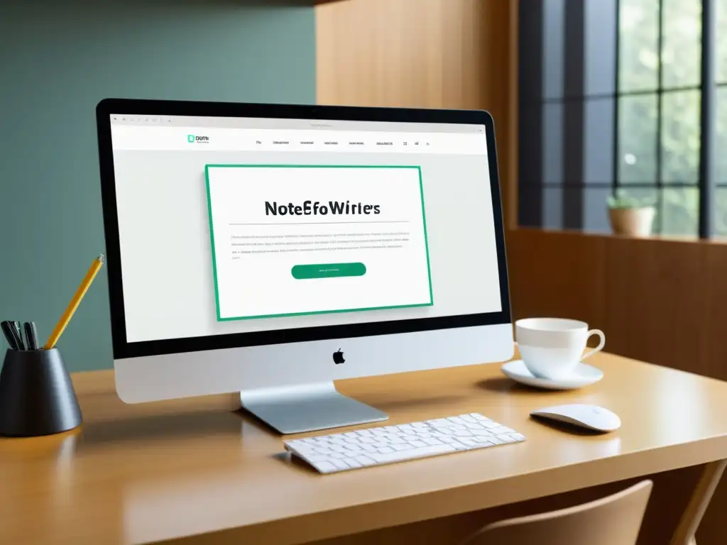 Software de escritura para no ficción en un entorno minimalista y profesional, iluminado por luz natural