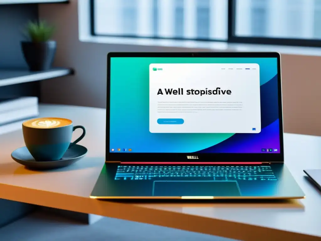Software para escritura de estructuras narrativas sólidas en laptop moderno sobre escritorio ordenado con café y cuadernos