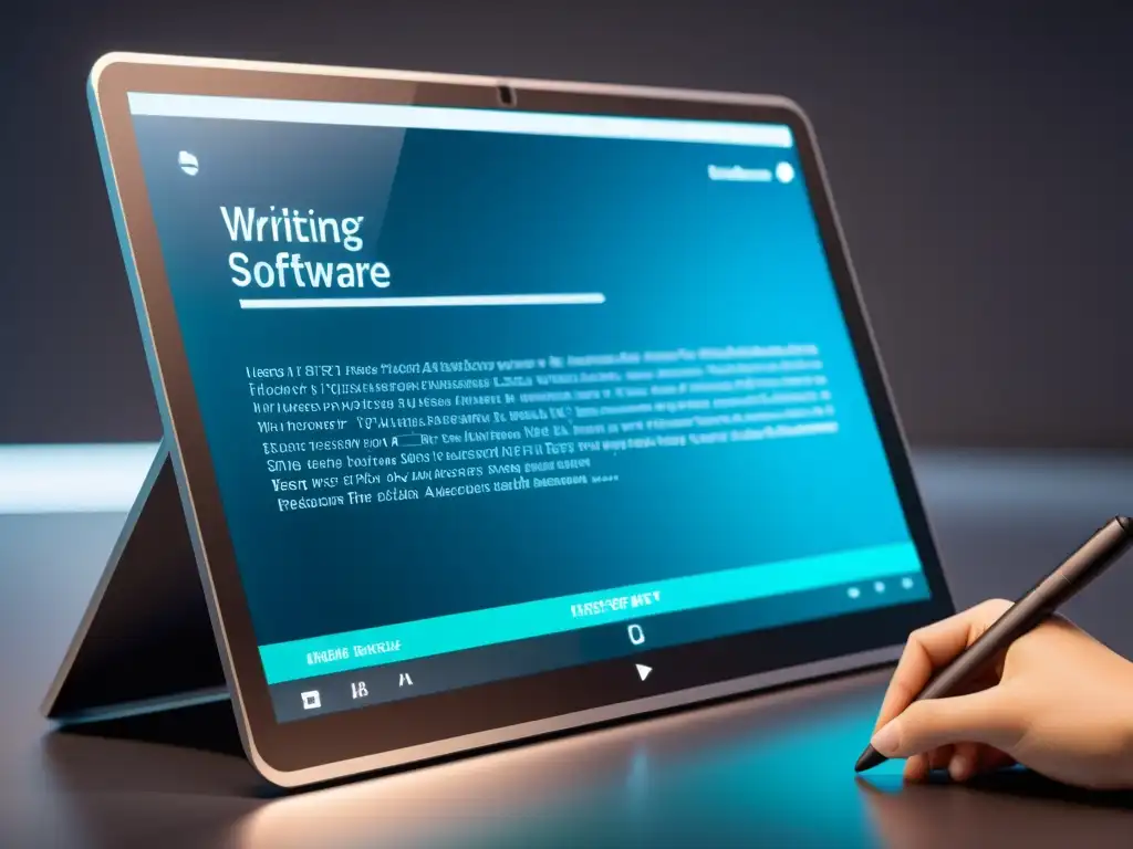 Interfaz futurista de escritura 8k: sofisticación y tecnología Software especializado en escritura evolución: Interfaz futurista de escritura en 8k con diseño minimalista y avanzadas herramientas de edición