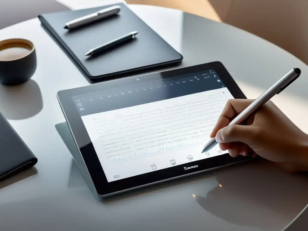 Tableta moderna con software de escritura versátil Software especializado en escritura evolución: Tableta moderna con interfaz minimalista y stylus sobre escritorio blanco iluminado
