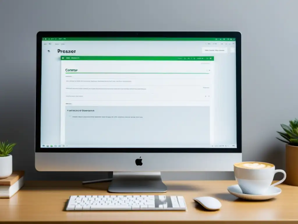 Software de revisión gramatical para escritores en un entorno minimalista y enfocado, con pantalla de ordenador, teclado y café