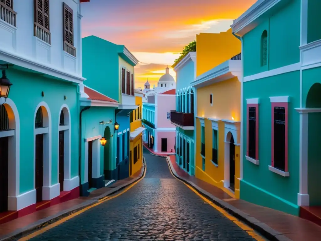 El sol se pone sobre las calles históricas de San Juan, Puerto Rico, reflejando colores vibrantes en el adoquinado