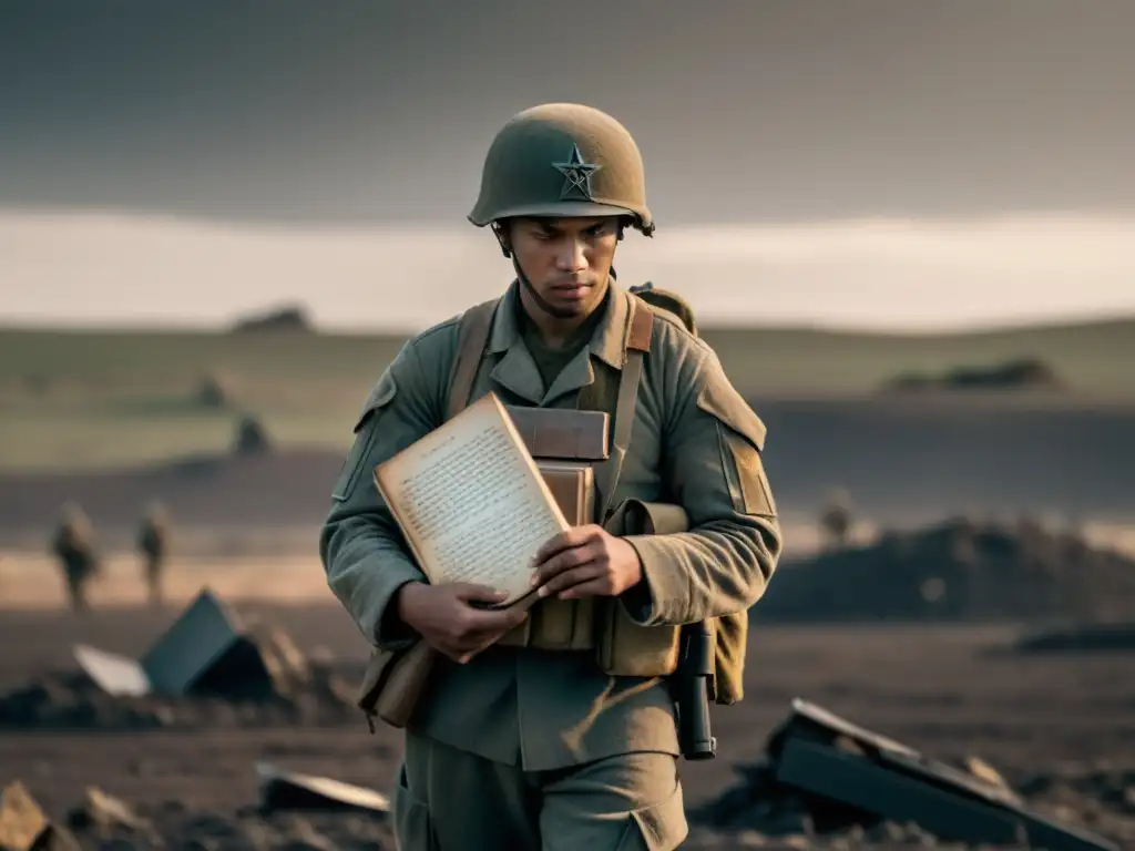 Un soldado solitario en un campo de batalla desolado, sosteniendo un libro de poesía