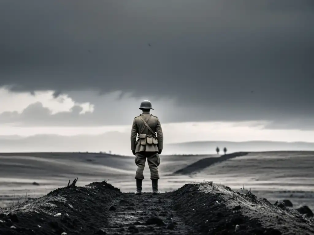 Un soldado solitario en un campo de batalla desolado, reflejando la poesía de la Primera Guerra Mundial y la generación perdida