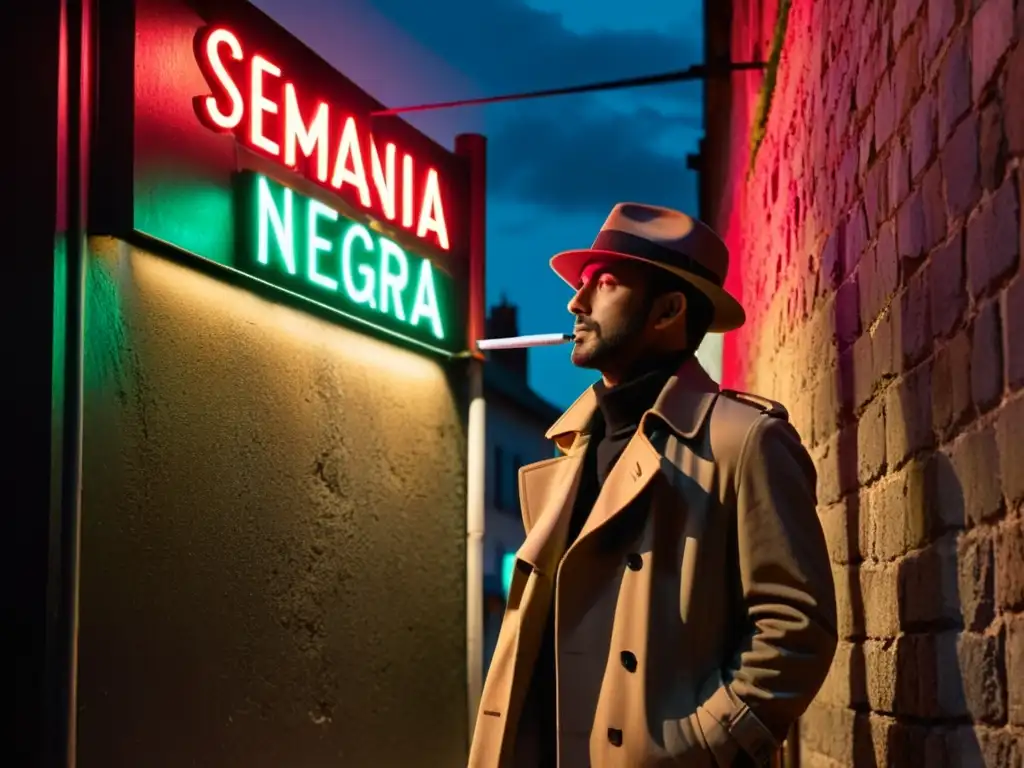 Misterio en Semana Negra: Figura en la penumbra En una solitaria callejuela, una figura bajo la luz de un farol y un letrero de neón 'Semana Negra' en Gijón