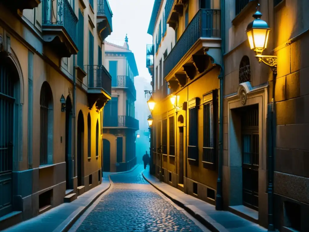 Alley solitaria en Barcelona, iluminada por farola