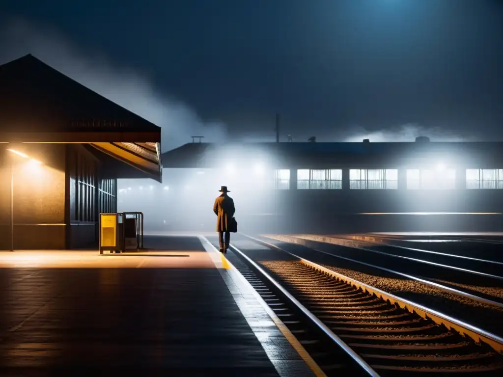 En una solitaria estación de tren de noche, una figura bajo la luz intermitente construye suspenso en literatura