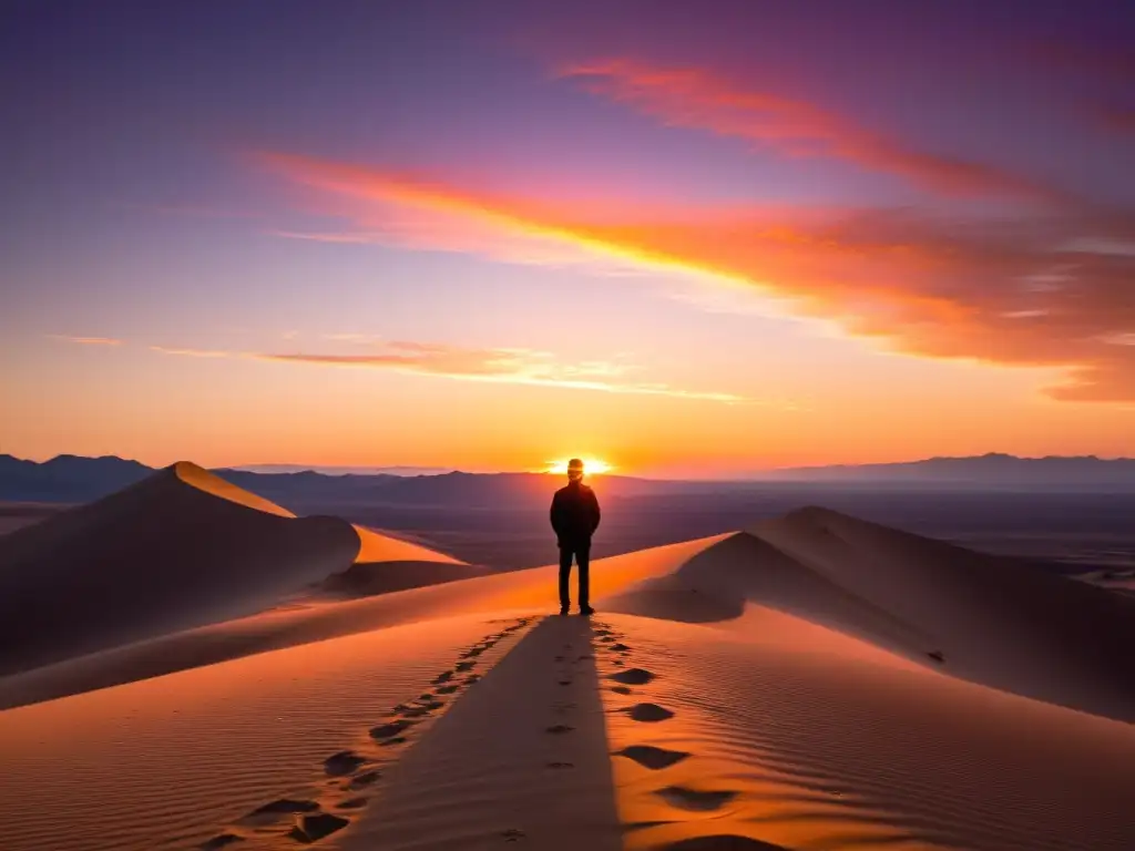 Un solitario contempla el atardecer en un vasto desierto