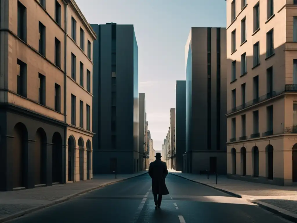 Un solitario caminante en una ciudad desolada, evocando el existencialismo en La Peste de Camus