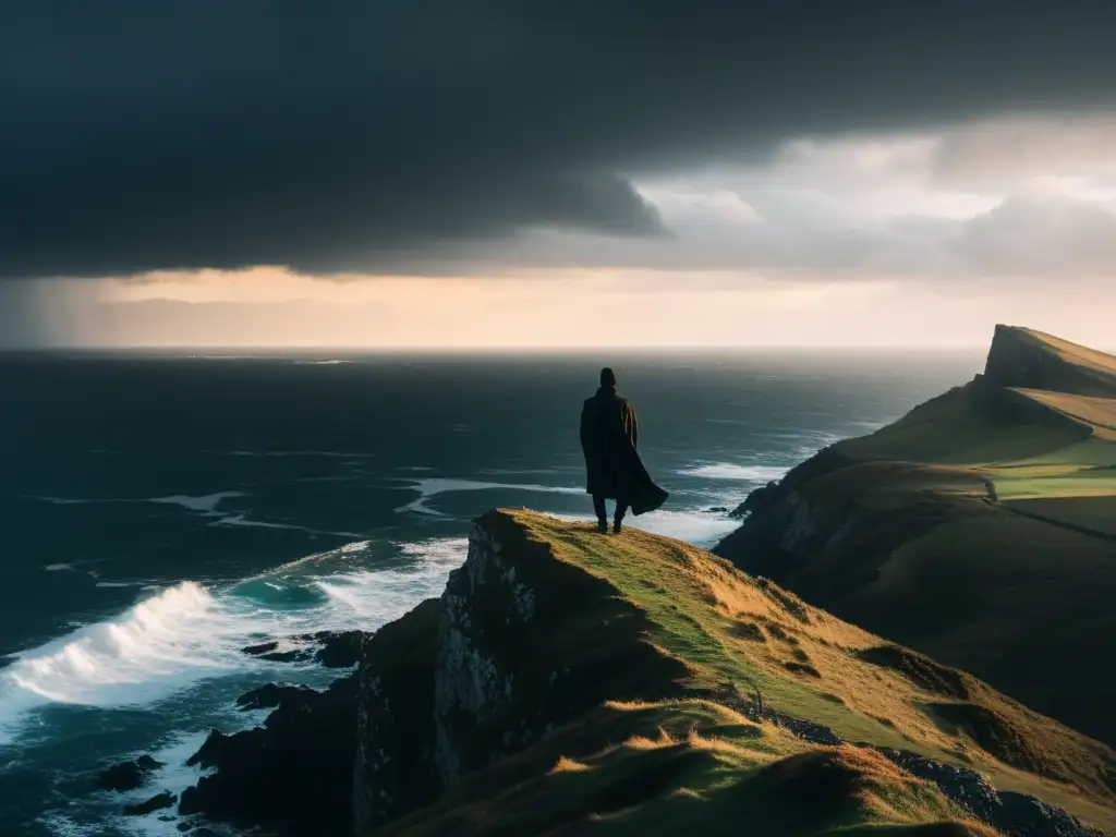 Un solitario figura contempla un paisaje tormentoso desde un acantilado