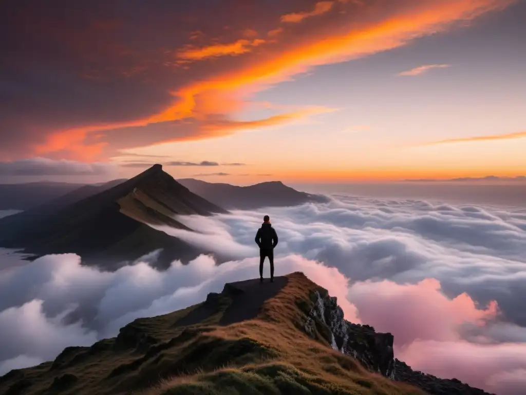 Un solitario contempla un mar de nubes desde un acantilado al atardecer, en un taller avanzado de imaginería poética