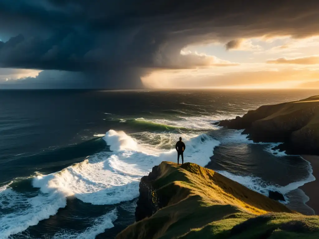 Un solitario contempla el mar tormentoso desde un acantilado, bajo un cielo de nubes oscuras y luz dorada