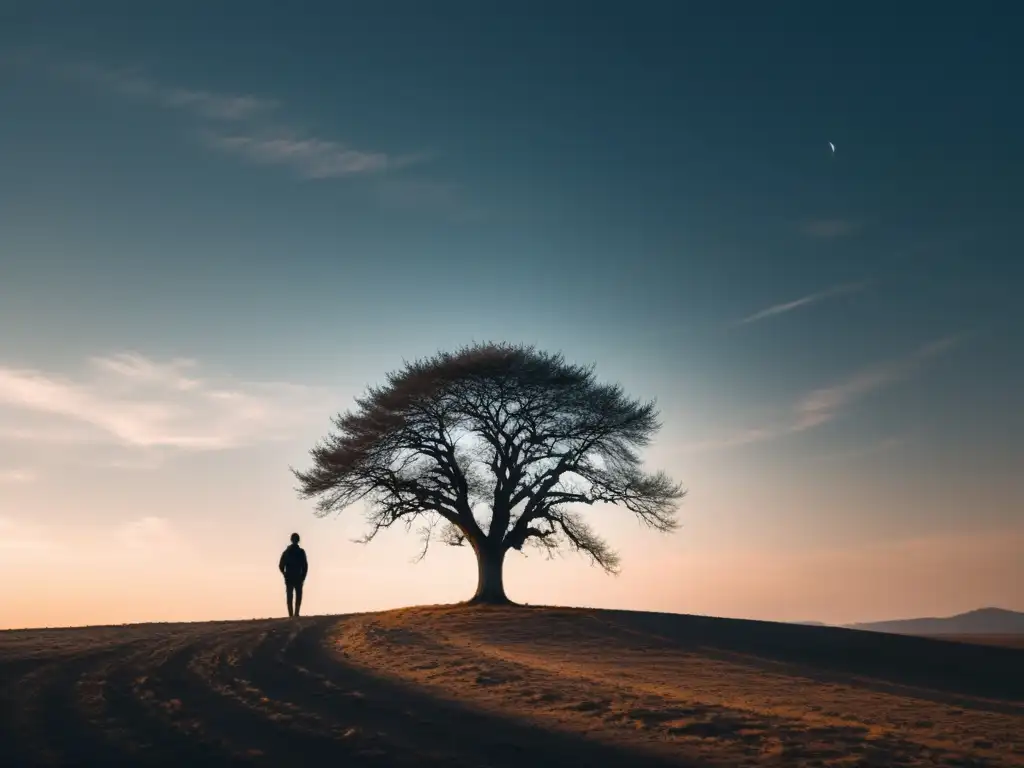 Un solitario figura en un paisaje vasto y árido, con un árbol extendiendo sus ramas hacia el cielo