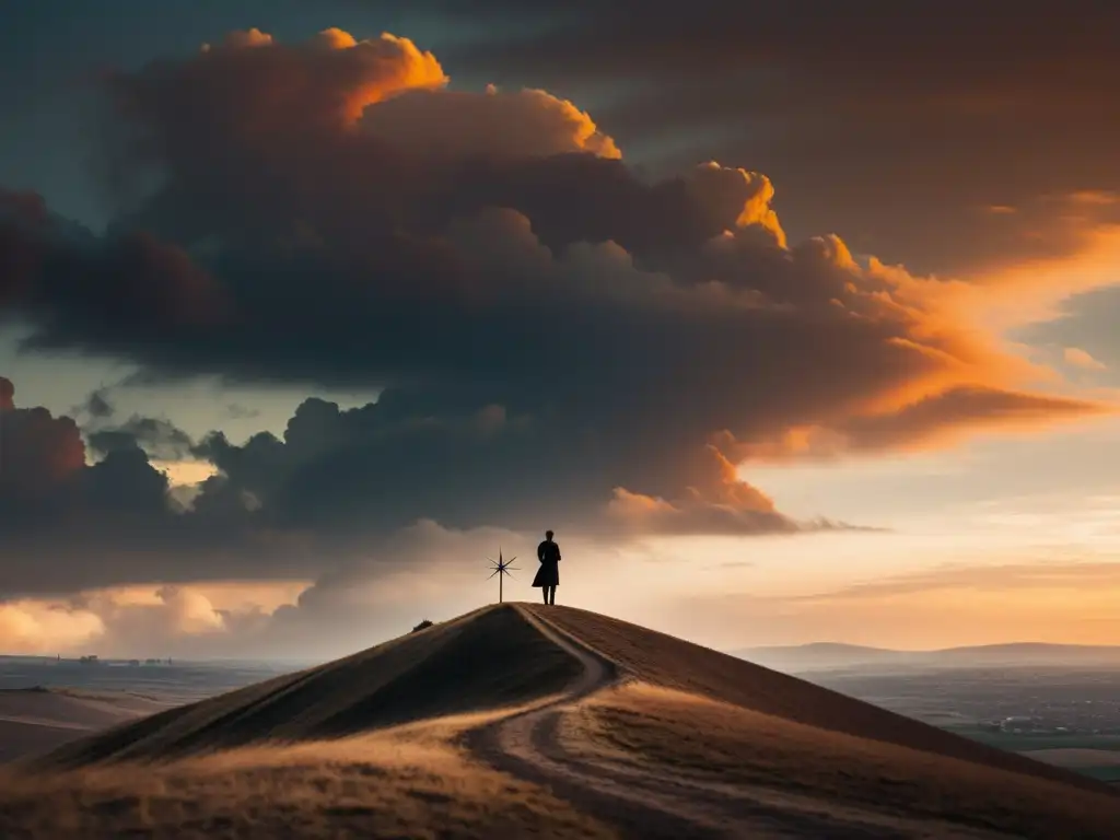 Un solitario personaje contempla un paisaje surrealista desde lo alto de una colina